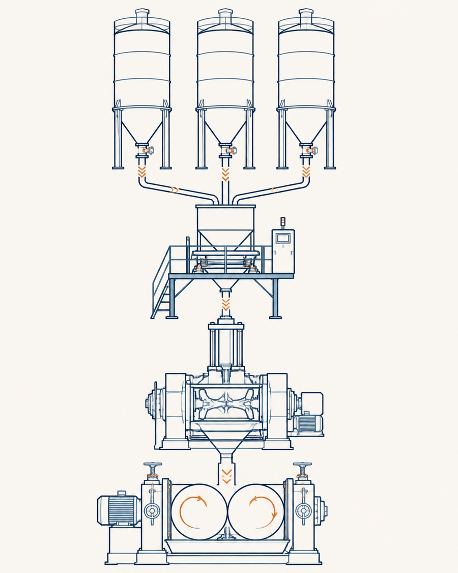 PAXTON rubber compounding and automatic weighing line: material silos and weighing hoppers feeding an internal mixer and mixing mill