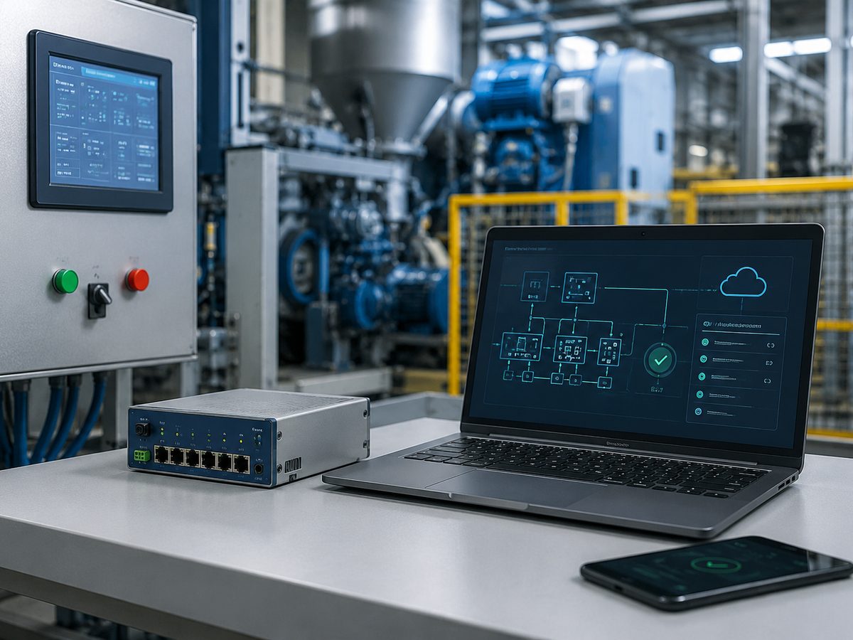 Engineer's laptop and network gateway on a workbench, linked to a rubber compounding plant for remote diagnostics