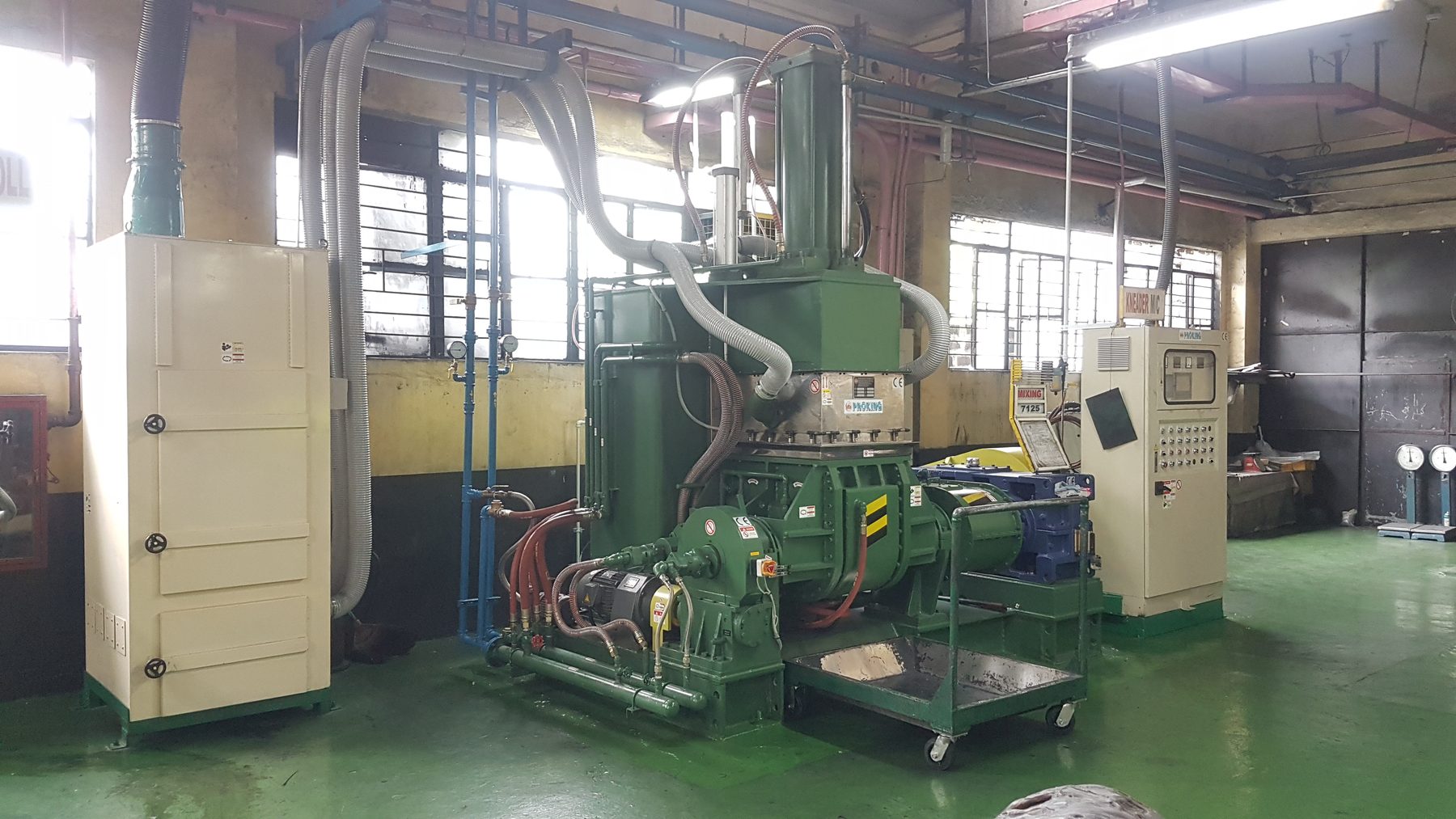Dispersion kneader with dust collection, control panel and tilting discharge