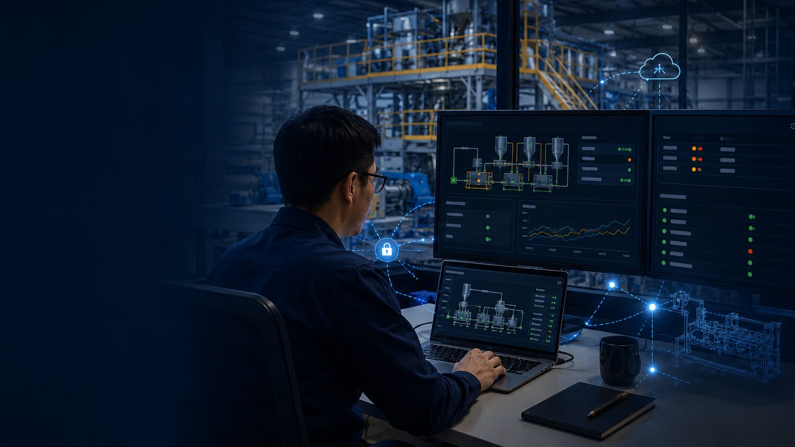 Engineer at a control station connected remotely to a rubber compounding plant