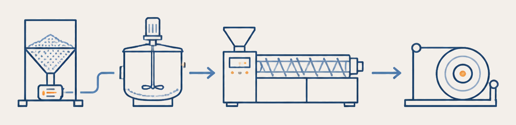 Rubber process line: hopper, mixer, extruder and take-up roll