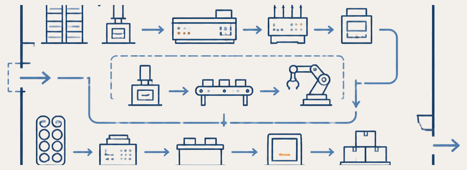 Factory floor layout showing the production flow through the plant